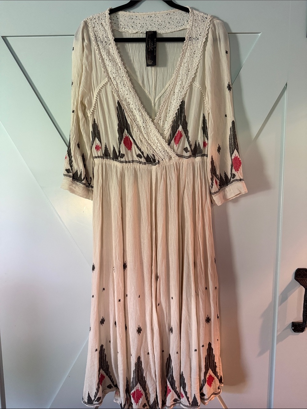 Free People Cream Midi Dress with Black and Red Embroidery
